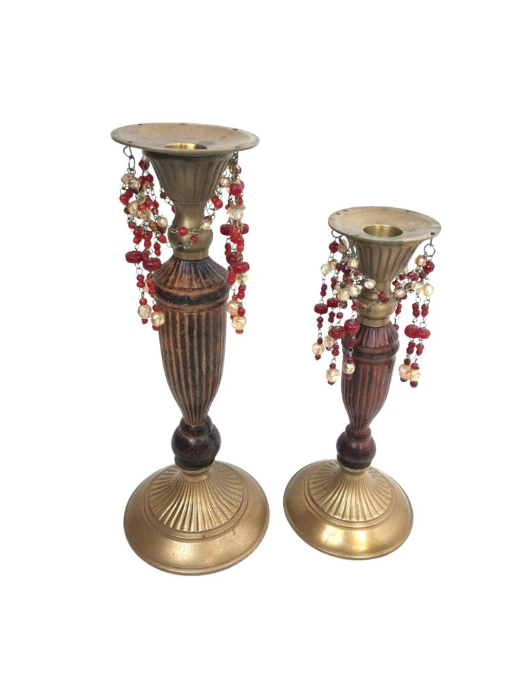 Vintage Brass & Laquered Wood Candlestick Holders Beaded Garland Pair Set of 2 - Picture 2 of 9